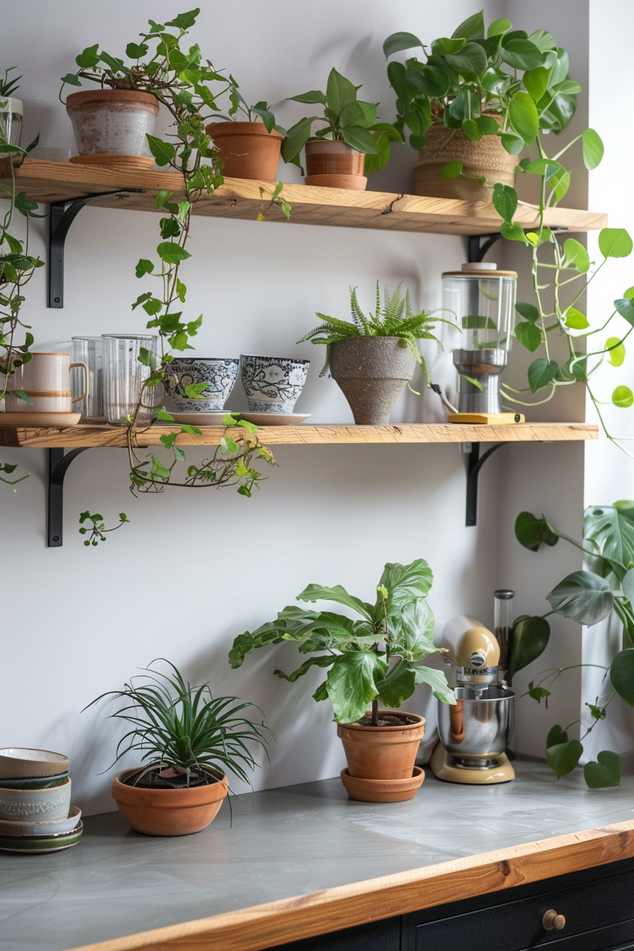 Japandi kitchen corner. Cherry wood open shelves with mixed indoor plants.