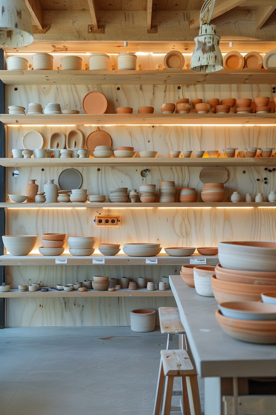 Clay workshop. Natural light, wooden shelves, showcased pottery, under bold neon lights.