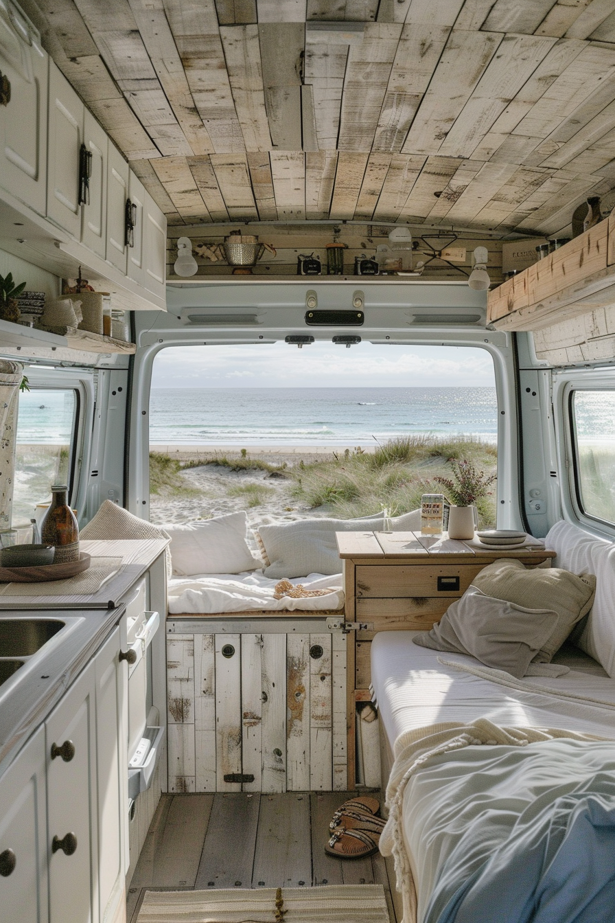 Coastal camper van interior. Whitewashed wood finish. Beach visible through panoramic back windows.