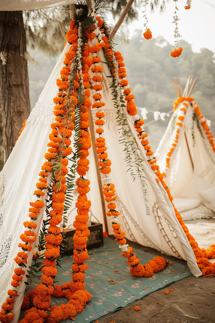 Wedding scene. White Bohemian teepee draped with orange marigold garlands.