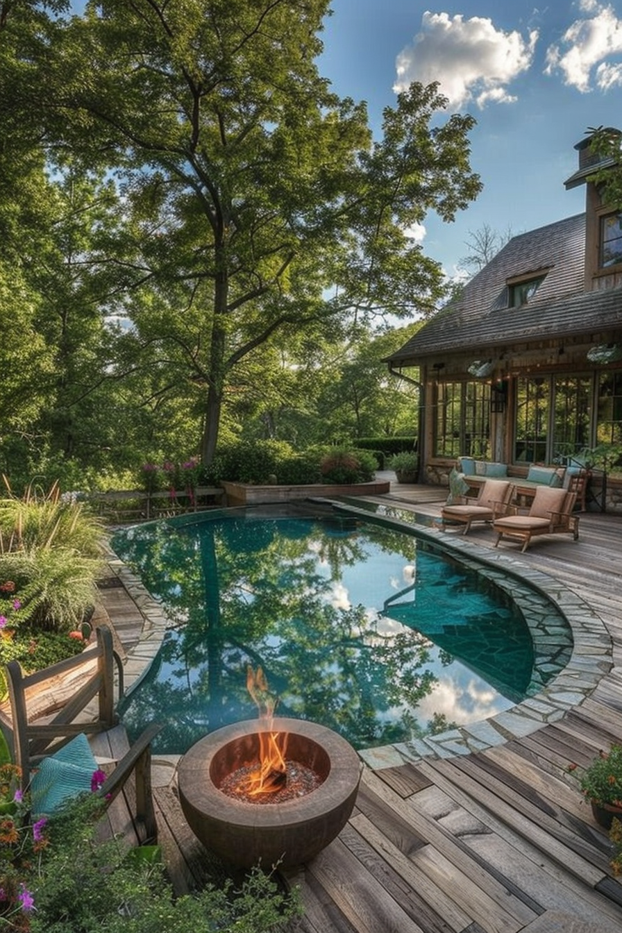 Dream backyard. Wooden deck with round fire pit, clear swimming pool, and flowering shrubs.