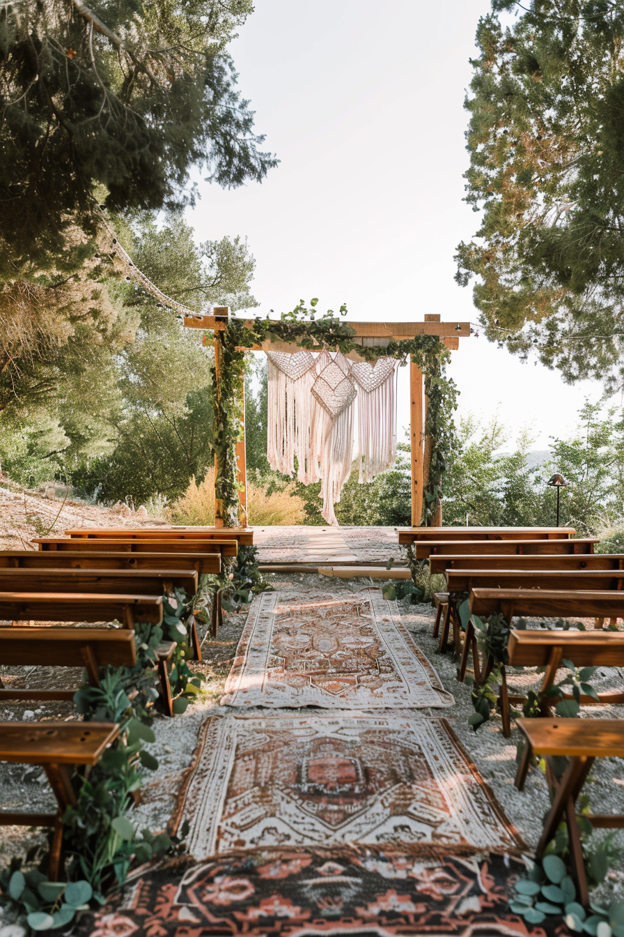 Boho wedding design. Macramé archway, eucalyptus garlands, and cushioned wooden benches.