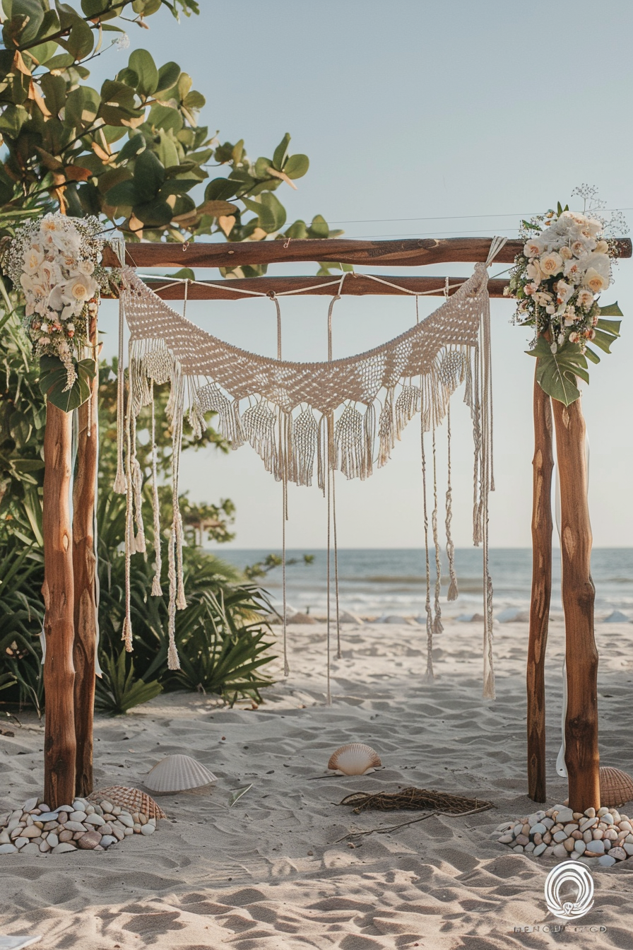 Boho beach wedding. Macrame arch with seashell garlands.