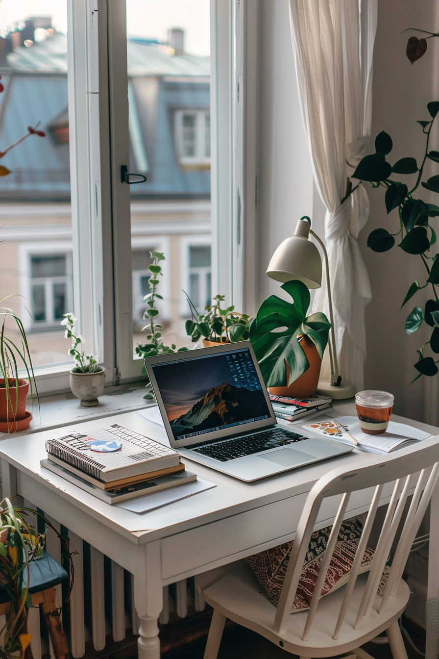 Minimalist dorm room. White, clutter-free study desk with open laptop.