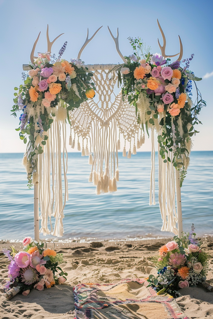 Beach wedding. Macramé arch with pastel flowers and pendant antler centerpiece.