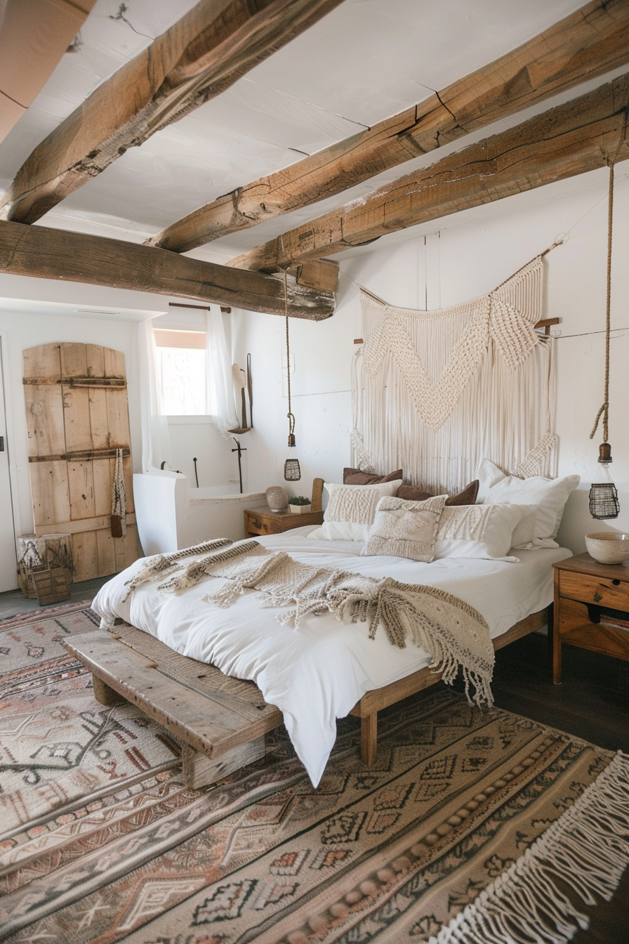 Bohemian bedroom design. Macrame wall hanging with distressed wood furniture.