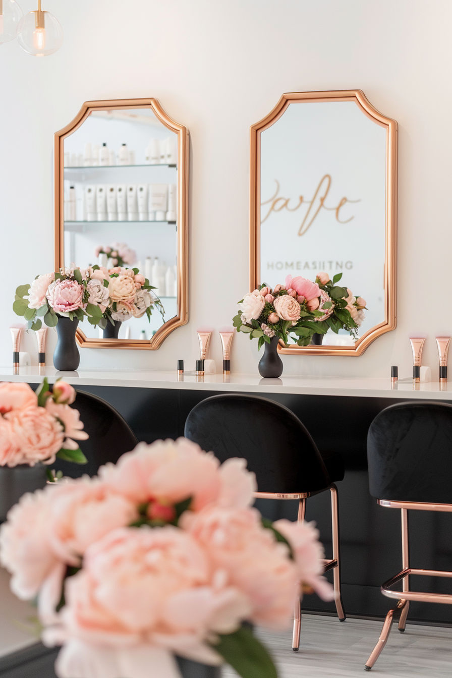 Nail salon. Rose gold mirrors, black manicure tables, fresh peonies on console table.