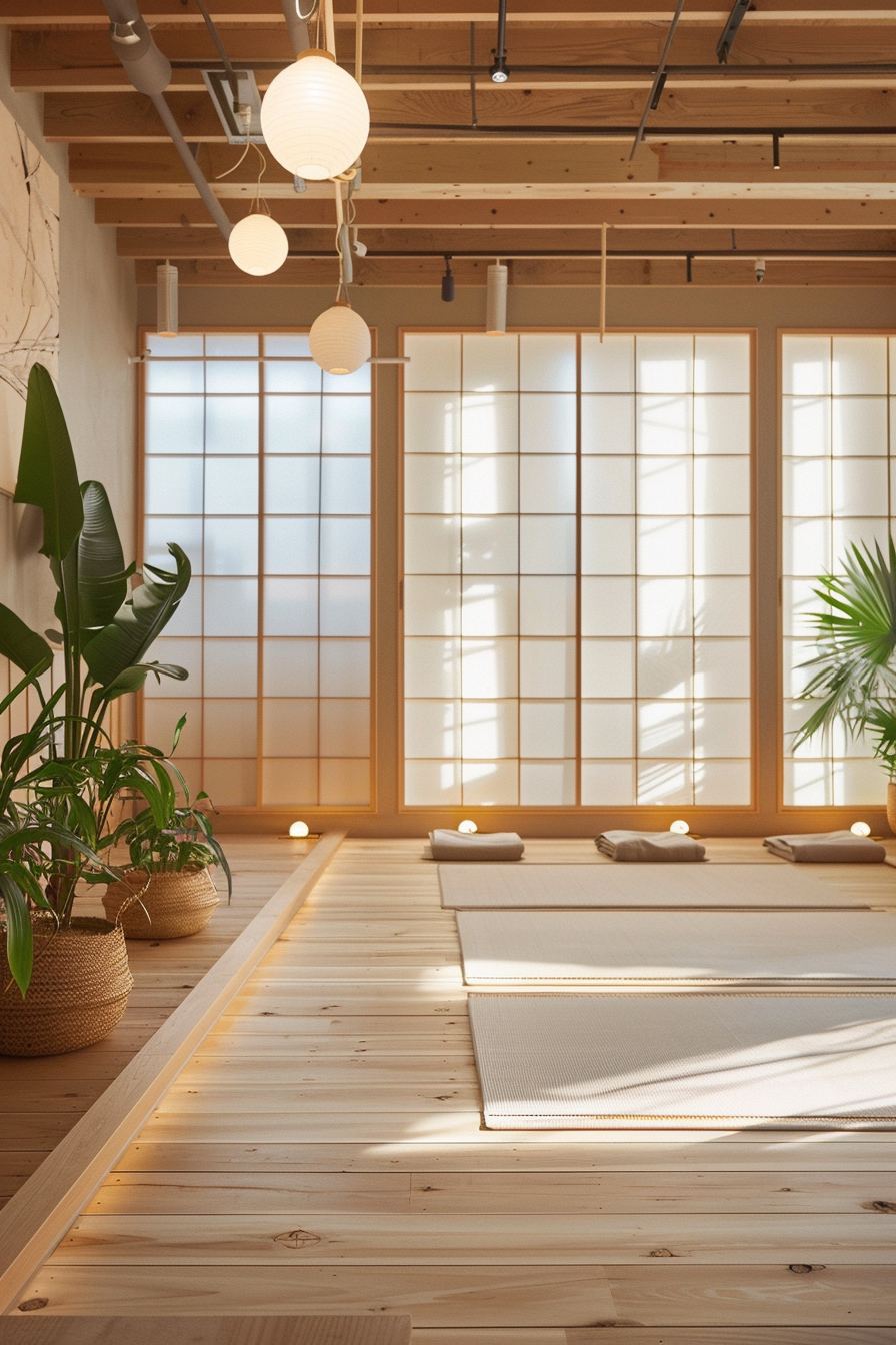 Japandi yoga studio. Bamboo flooring, shoji screens, lush indoor plants, minimalist décor.