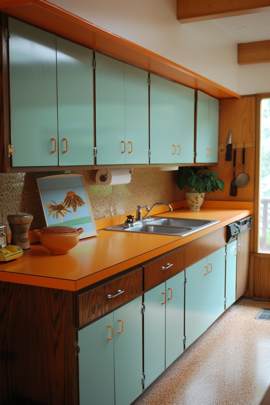 Mid Century Modern Kitchen. Teal cabinet fronts with orange formica countertops.