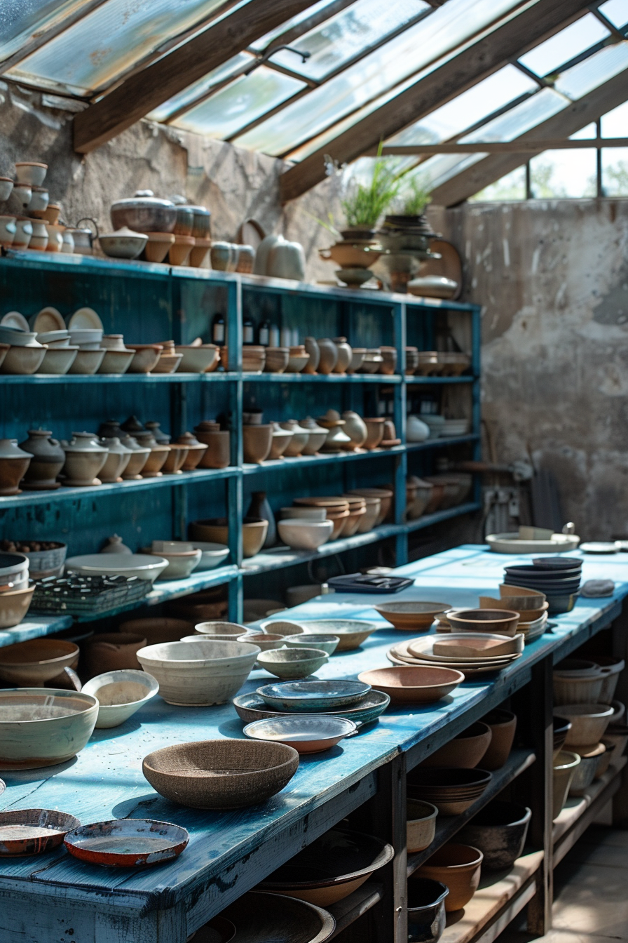 Clay workshop. Natural light from clear skylights, richly-colored utensils on blue shelves.