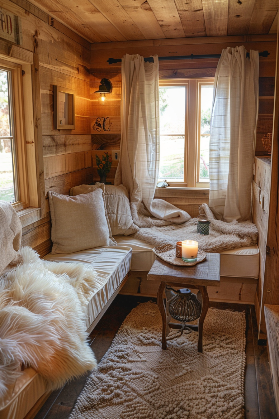 Tiny house living room. Cedarwood walls, fluffy cream rug, cinnamon candle on coffee table.