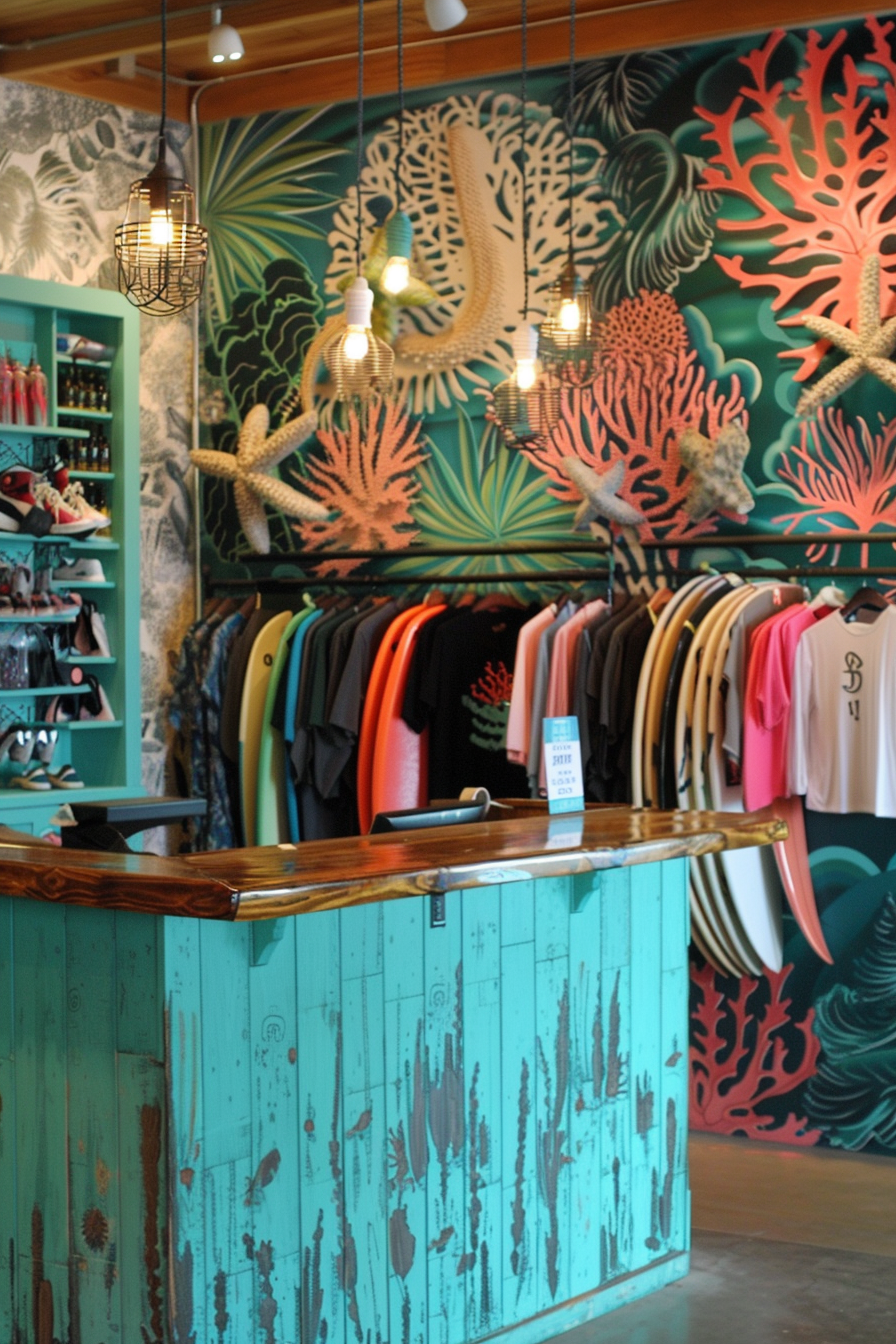 Surf shop design. Turquoise counter with coral pattern, surfboard wall display.