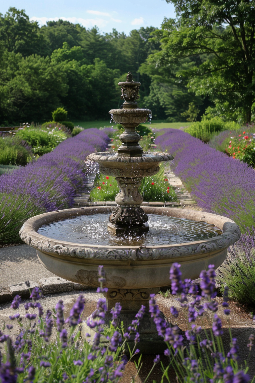 View from a deck. Ornate stone fountain amidst rows of lavender in bloom.