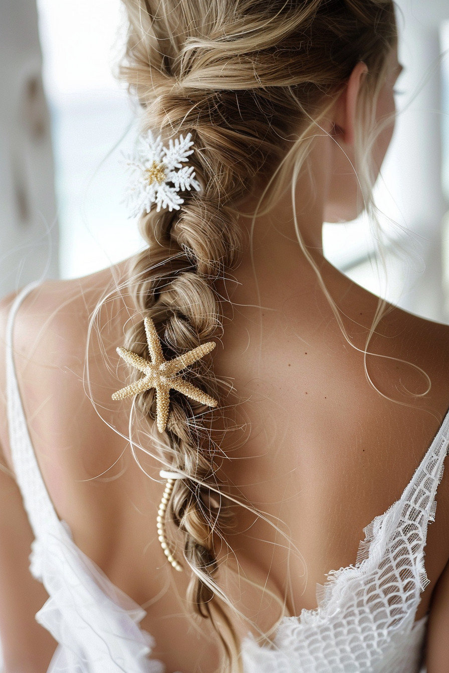 Boho beach wedding. Starfish hairpin in bride's loose fishtail braid.