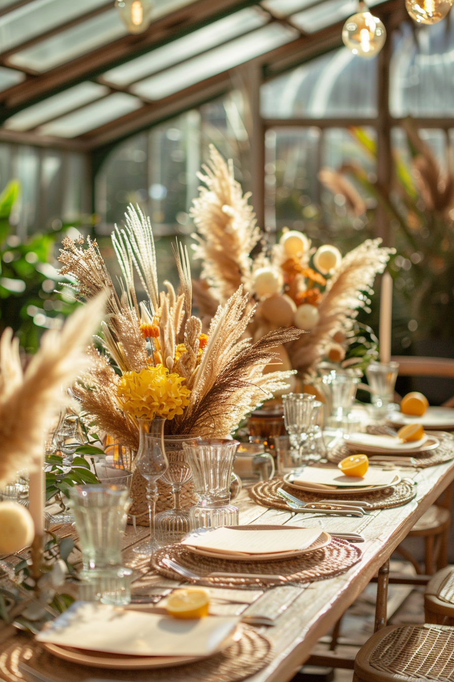 Boho-designed greenhouse birthday party. Basketwork orbs clusters, pampas grass centerpiece, lemon cheesecake dessert.