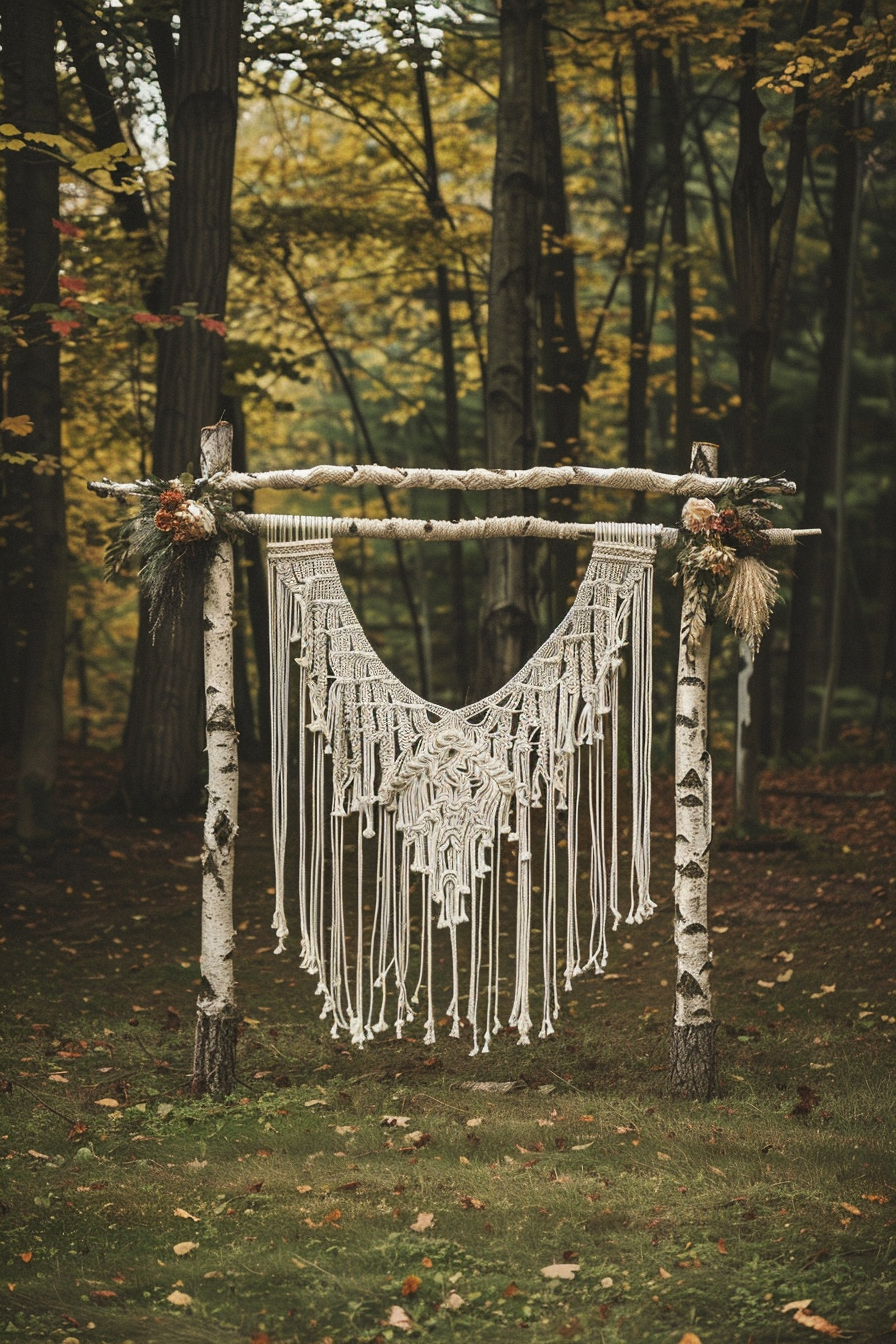 Boho wedding design. Hand-woven macramé backdrop against vintage wooden arch.