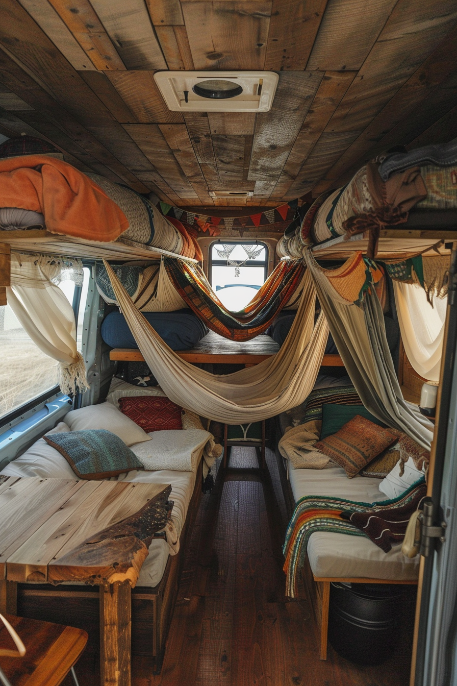 Modern camper van interior. Hammock-layered bunk beds with a rustic oak table.