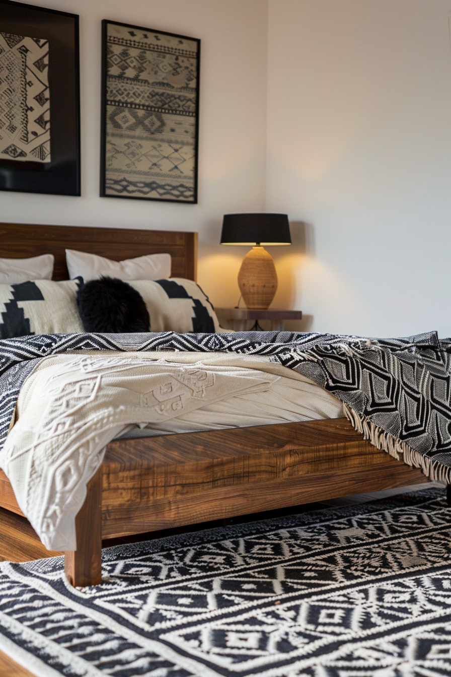 Japandi x Aztek bedroom design. Wooden platform bed with black and white geometric Aztec rugs.