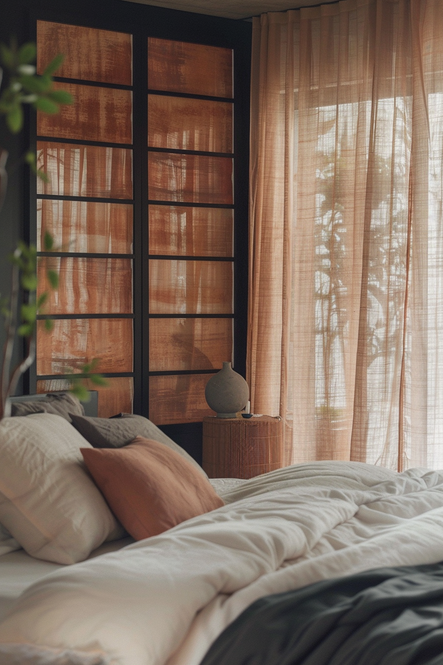 Japandi x Aztek bedroom design. Matte black shoji screen with acid wash terracotta curtains.