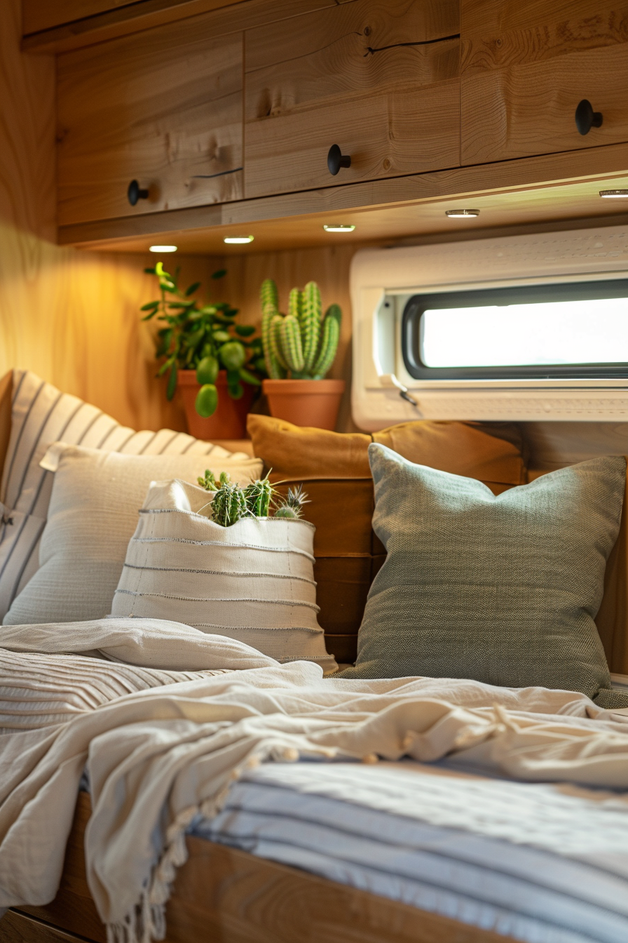 Modern camper van interior. Wooden built-ins with crisp linens and small potted cacti.