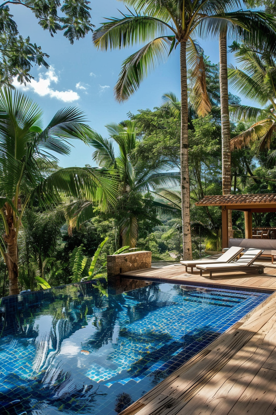 Dream backyard. Cedarwood deck surrounded by tropical palm trees near a blue-tiled infinity pool.