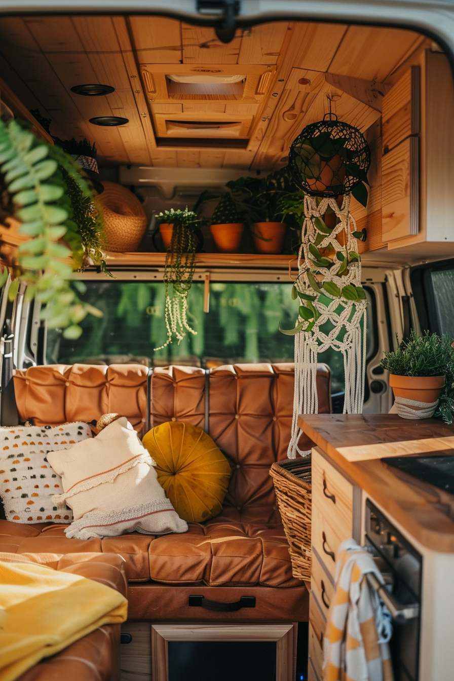 Wide view of modern camper van interior. Side caramel-brown leather seats hanging macramé planter.