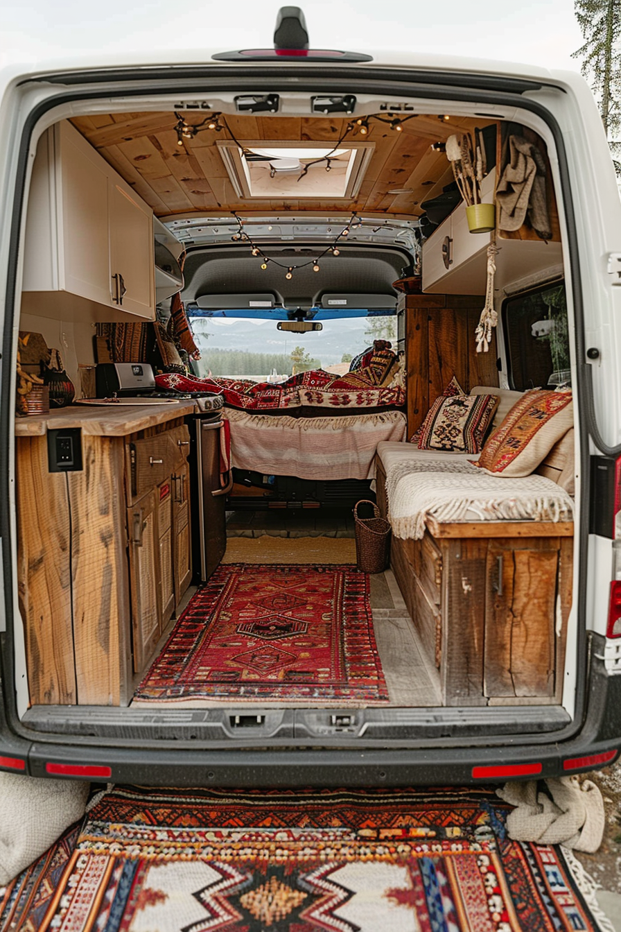 Converted Sprinter van camper. Neutral tones with rustic wood and colorful handmade Berber rugs.