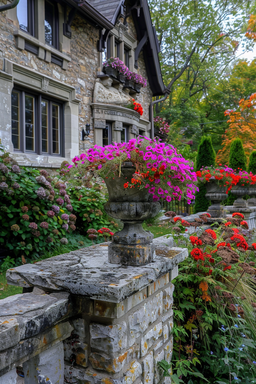 Beautiful backyard view. Lavish flowers spilling out of stone planters.