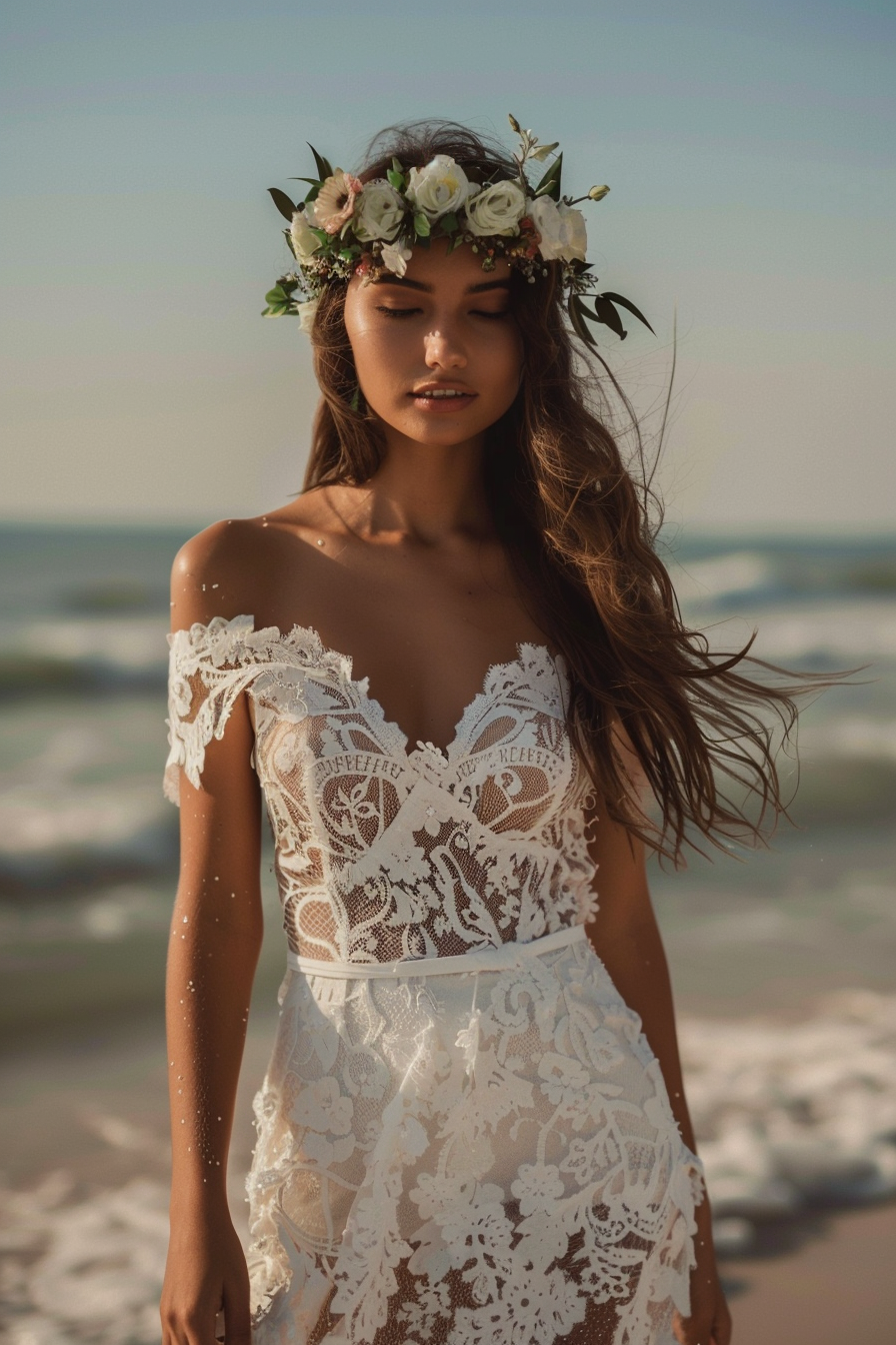 Beach wedding outfit. Flowy off-white lace dress with floral crown.