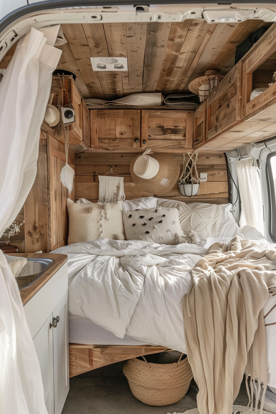 Modern camper van interior. Wooden accents with white linen drapes.