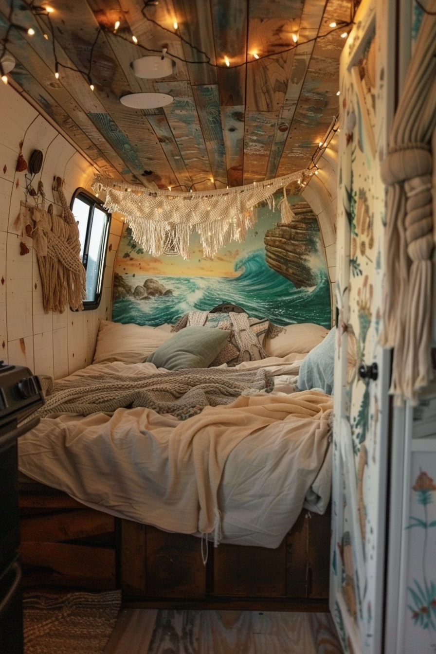 Converted Sprinter van. Hanging macrame, warm fairy lights and sleeping loft with ocean mural.