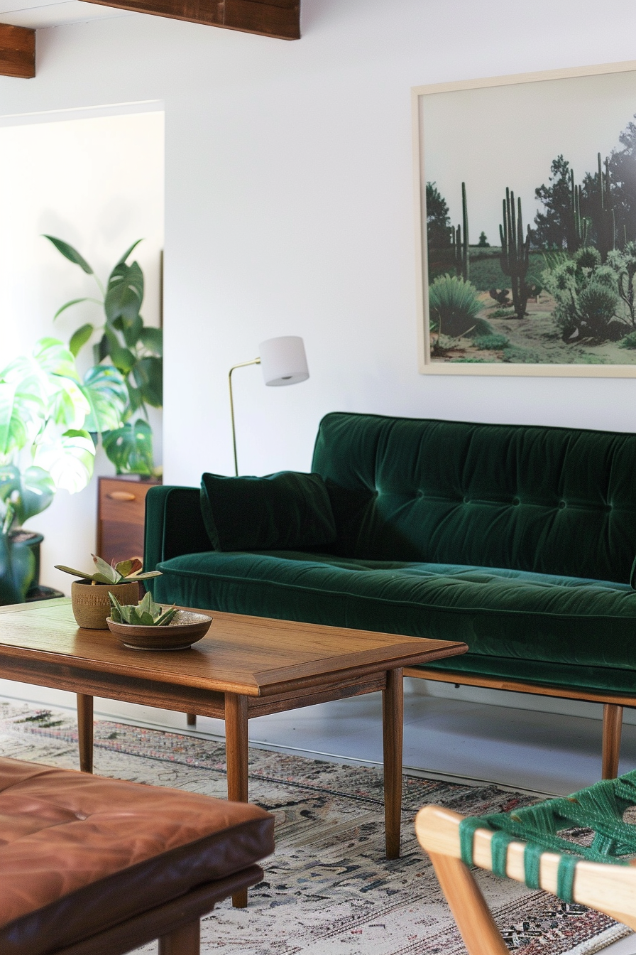 Mid-century modern living room. Teak coffee table with green velvet sofa.