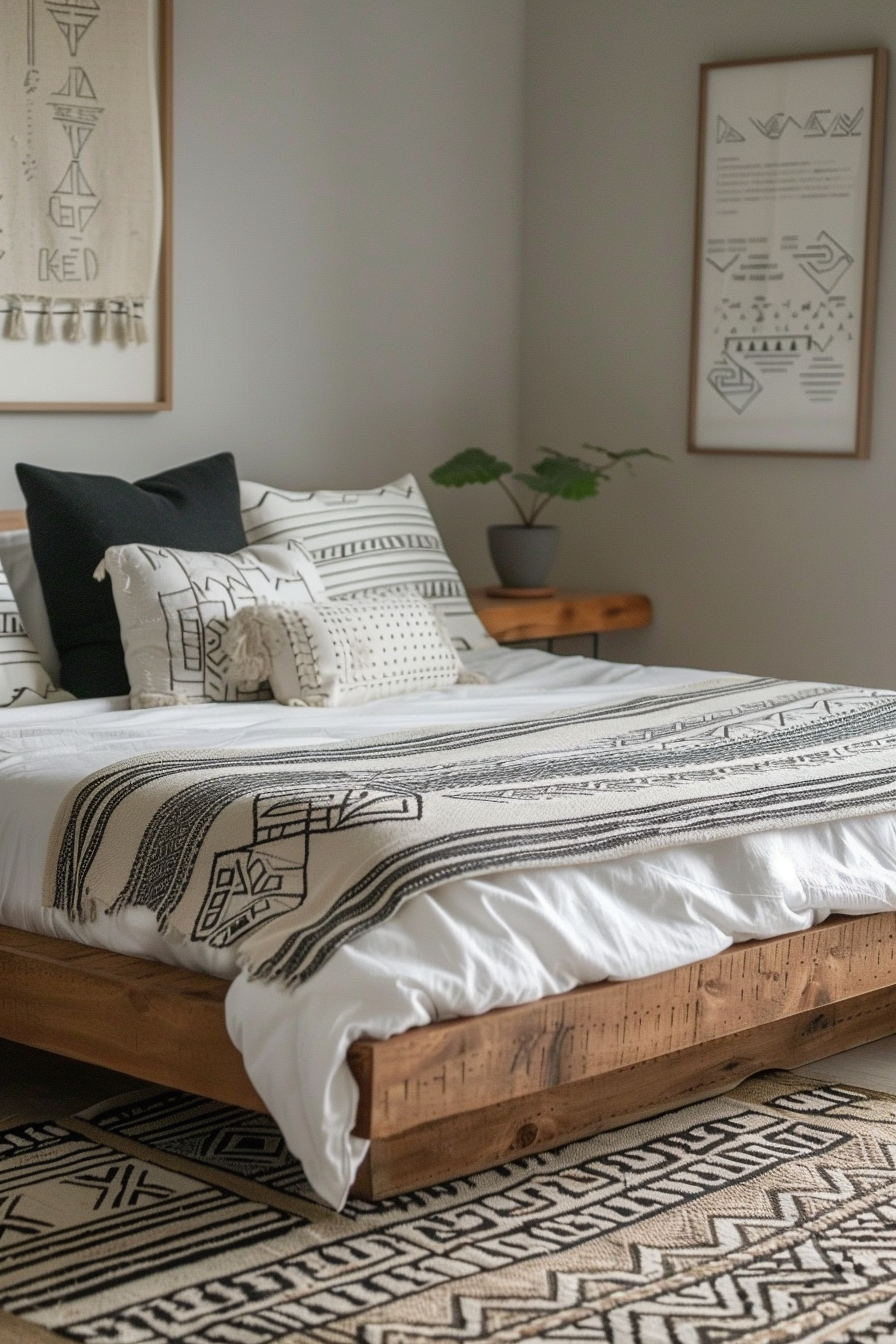 Japandi x Aztek bedroom design. Low platform bed with muted geometric prints.