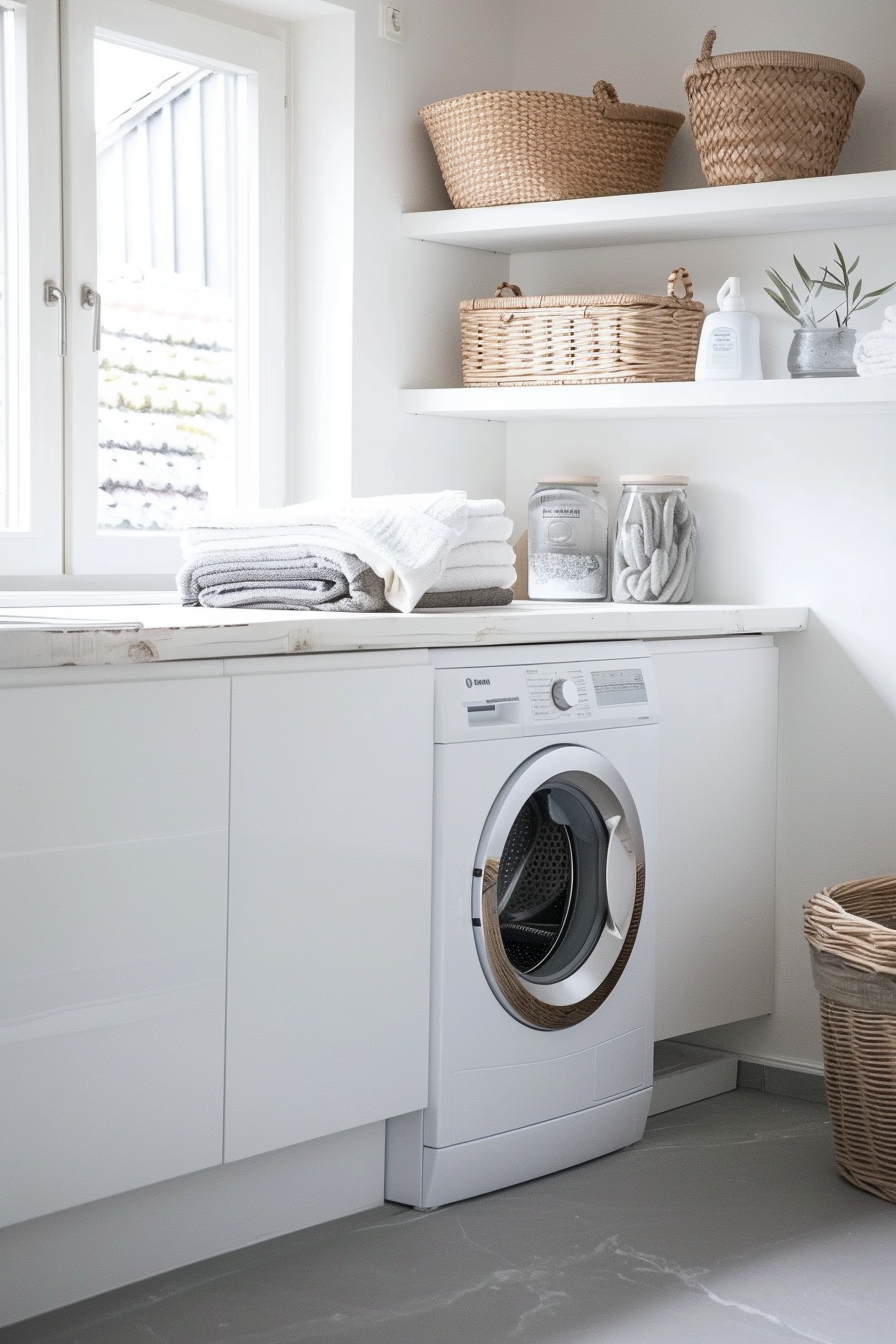 Nordic laundry room design. White washing machine with birch storage shelves.