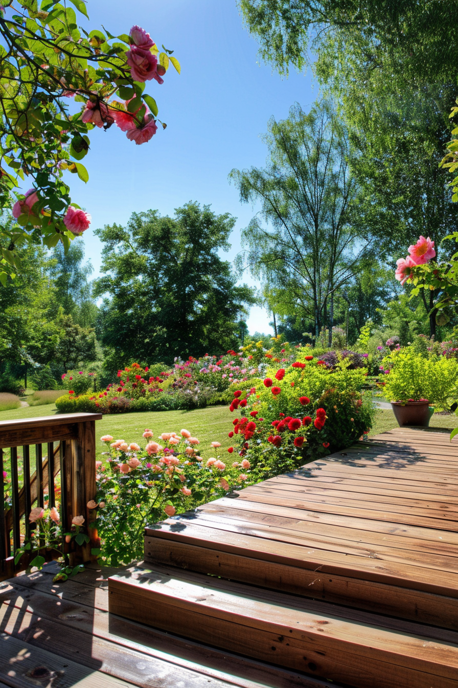 Beautiful backyard view. Multi-level wooden deck overlooking a blooming rose garden.