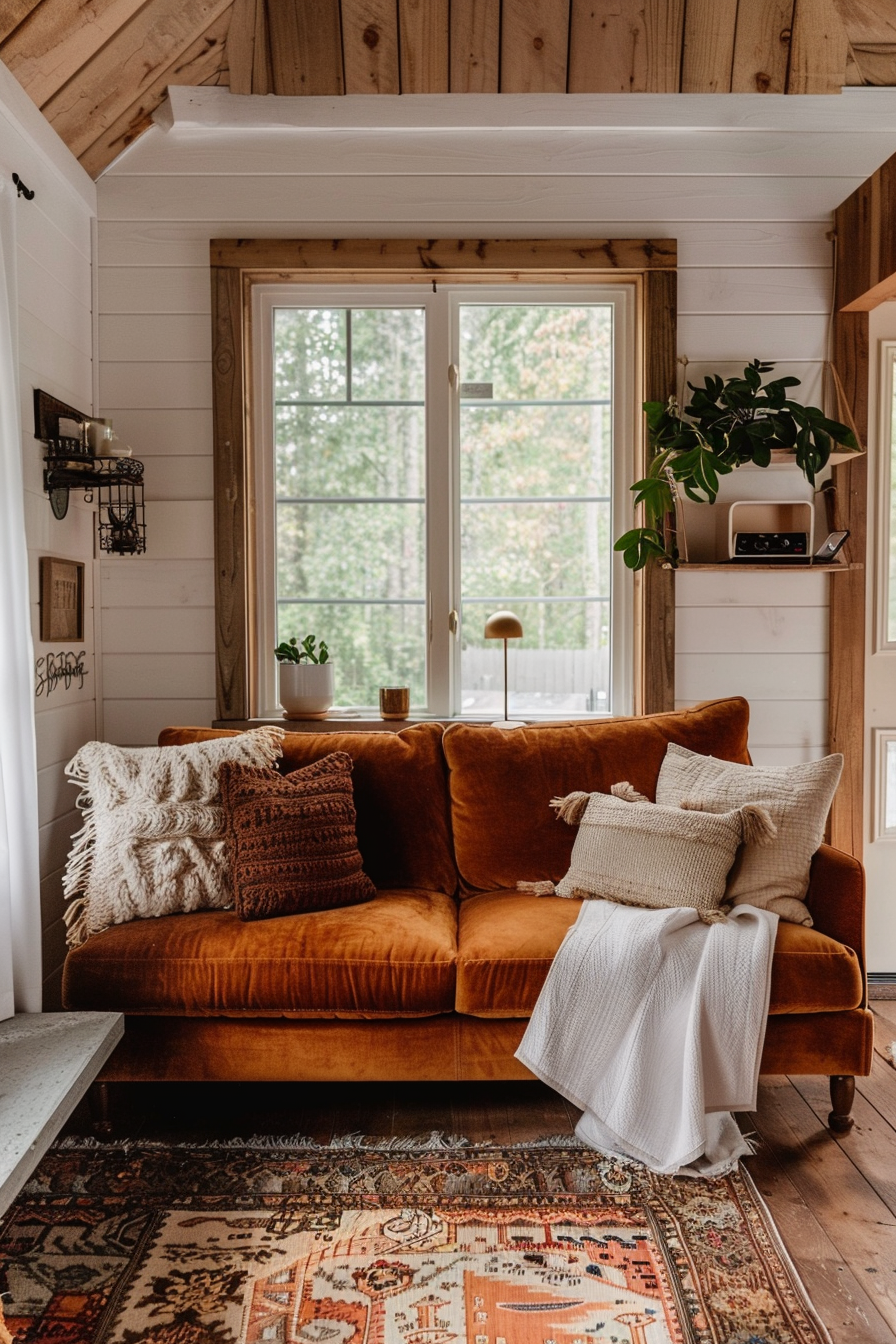 Tiny house living room. Velvet sofa with knitted brown throw pillows and a plush area rug.