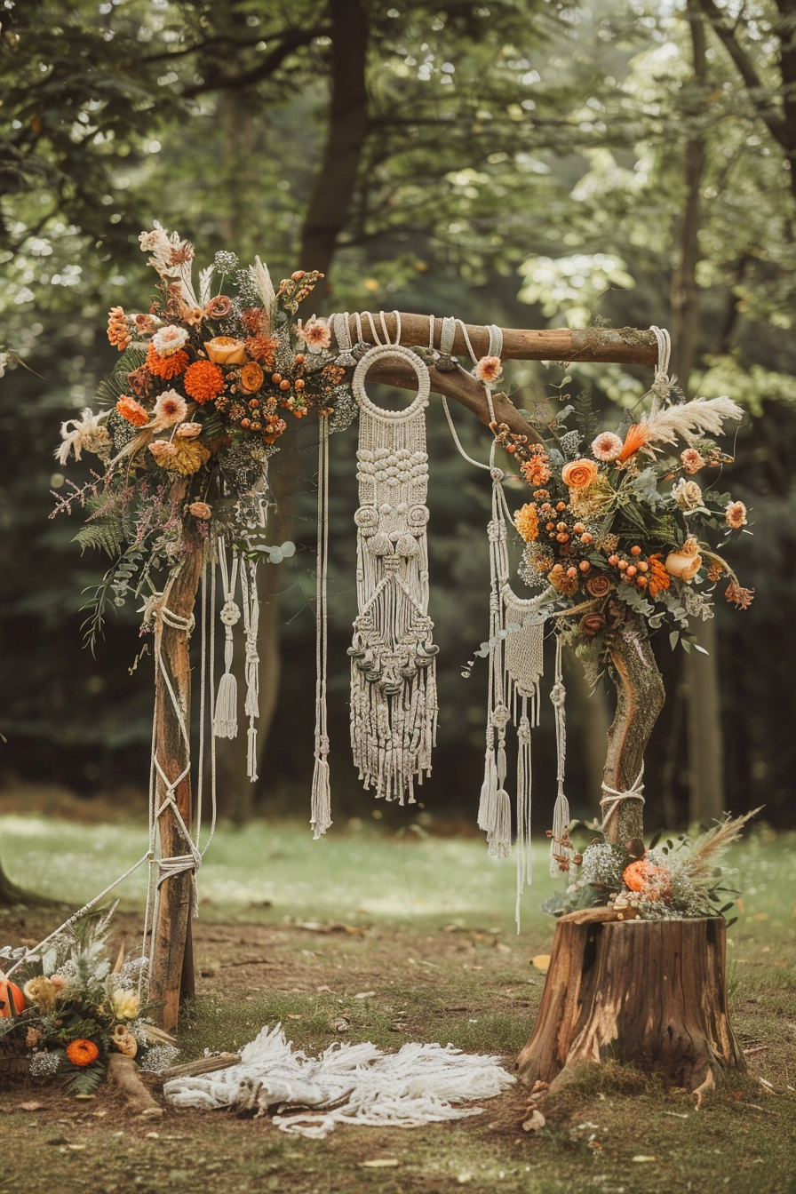 Boho wedding design. Hanging concentric macrame decor on driftwood arch.