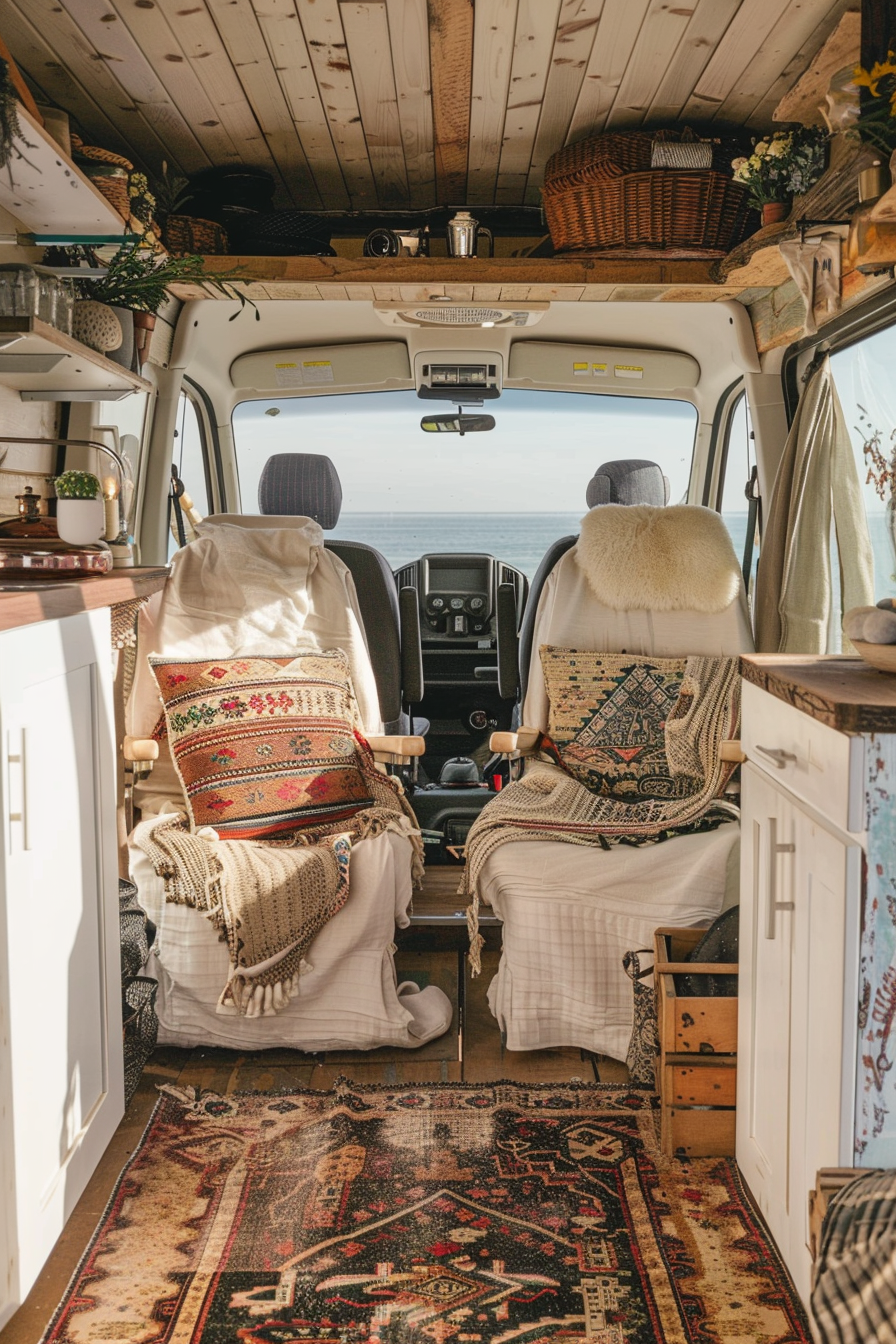 Converted Sprinter van camper. Boho styles, scenic bay view, cream canvas bucket chairs.