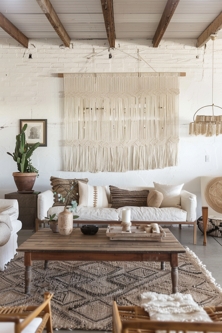 open concept layout and white macrame wall hangings.