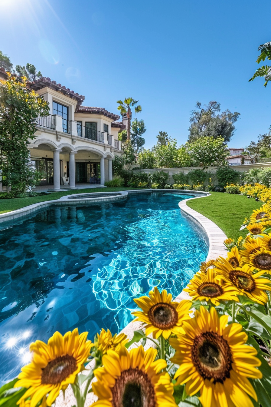 Backyard view. Manicured lawn with vibrant sunflowers around a sparkling pool.