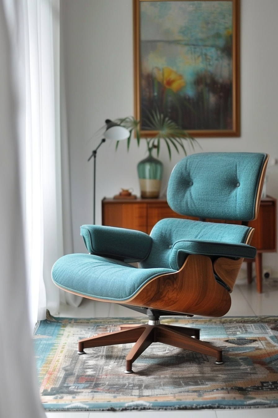 Mid-century modern living room. Teal Eames chair with sleek wooden frame.