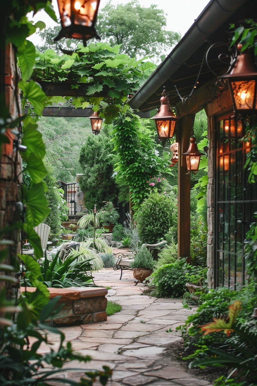 Beautiful backyard view. Stone patio, overflowing green plants, and hanging copper lanterns.