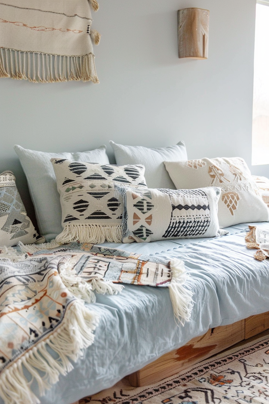 Aztek Japandi pastel bedroom. Powder blue futon with geometric Aztek patterns.