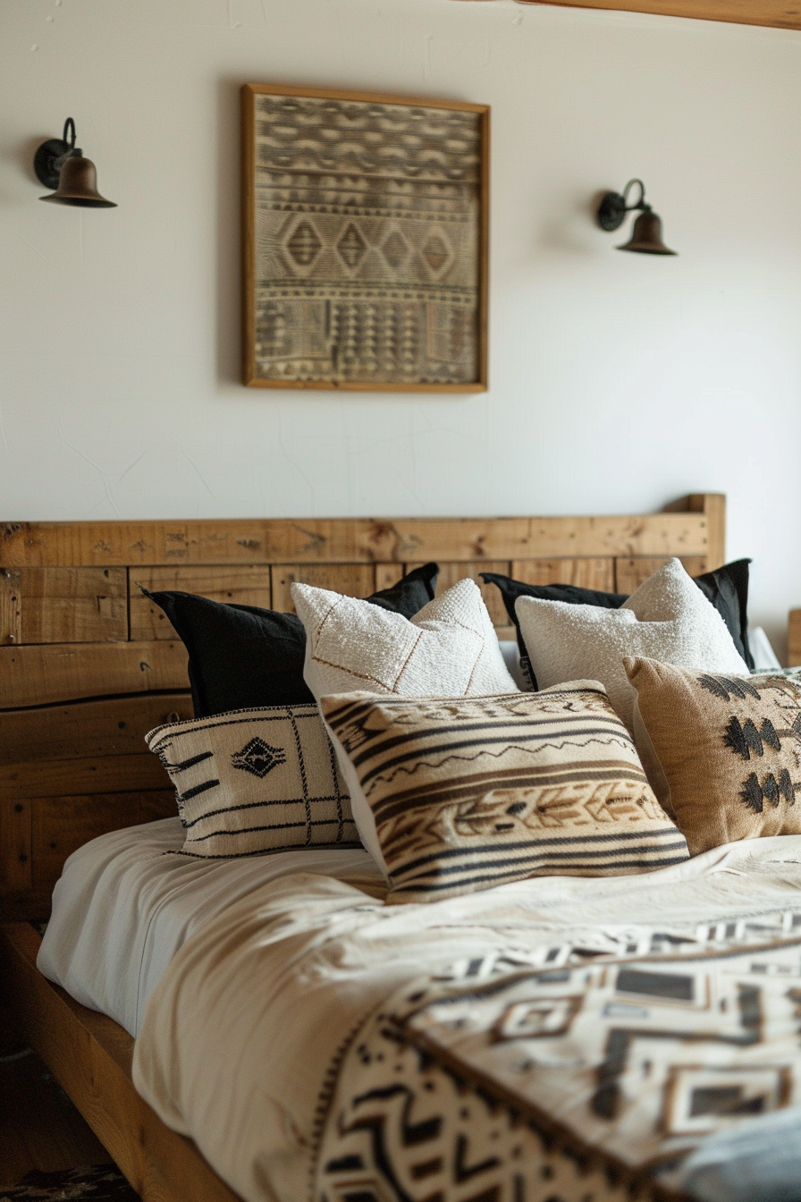 Japandi x Aztek bedroom design. Natural wood king bed with Aztec-print throw pillows.