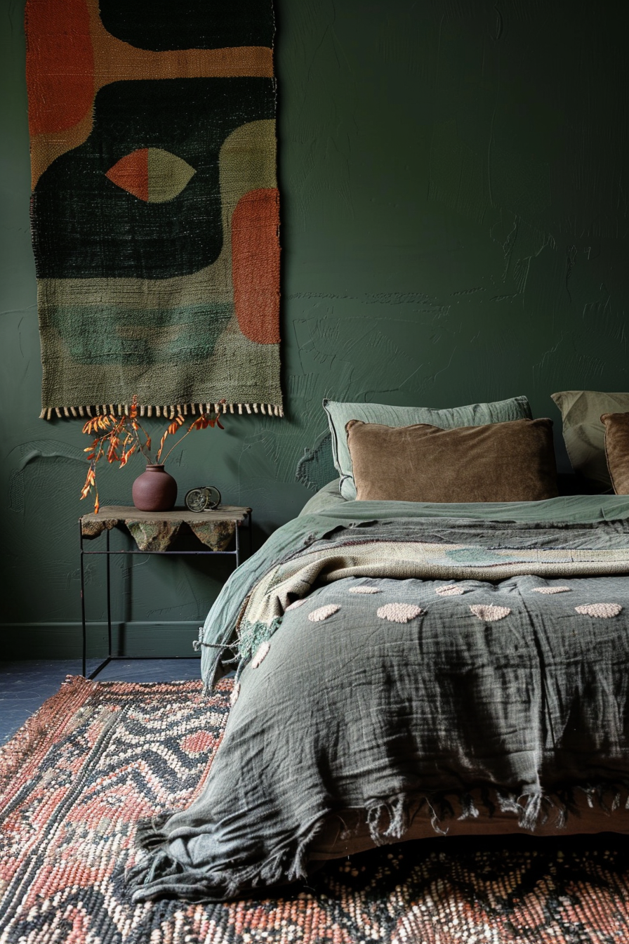 Japandi x Aztek bedroom design. Moss green wall with woven Aztek tapestry.