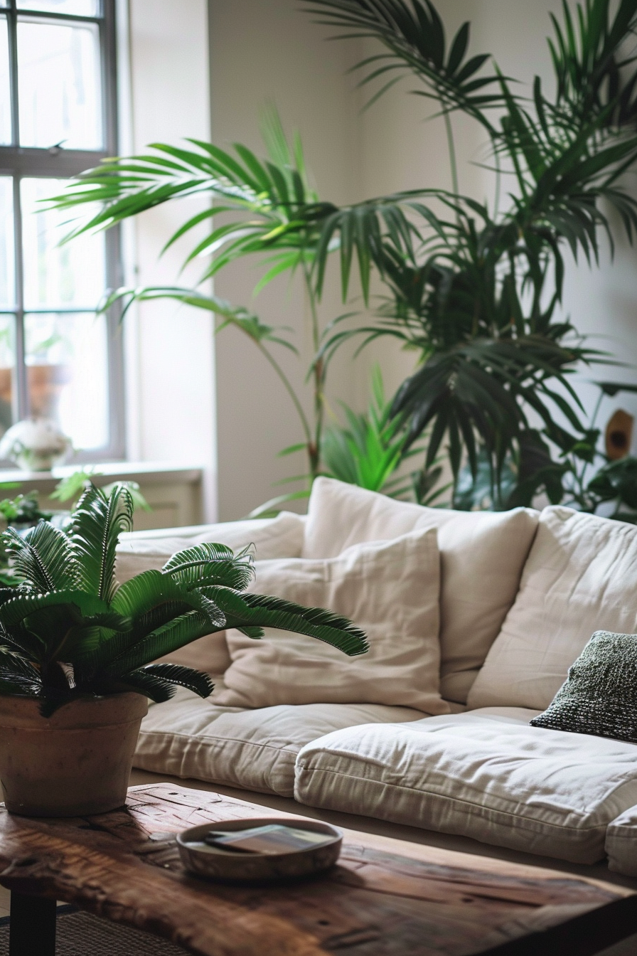 Boho-modern, earthy living room. Creamy sofa, wooden coffee table, large green indoor plants.