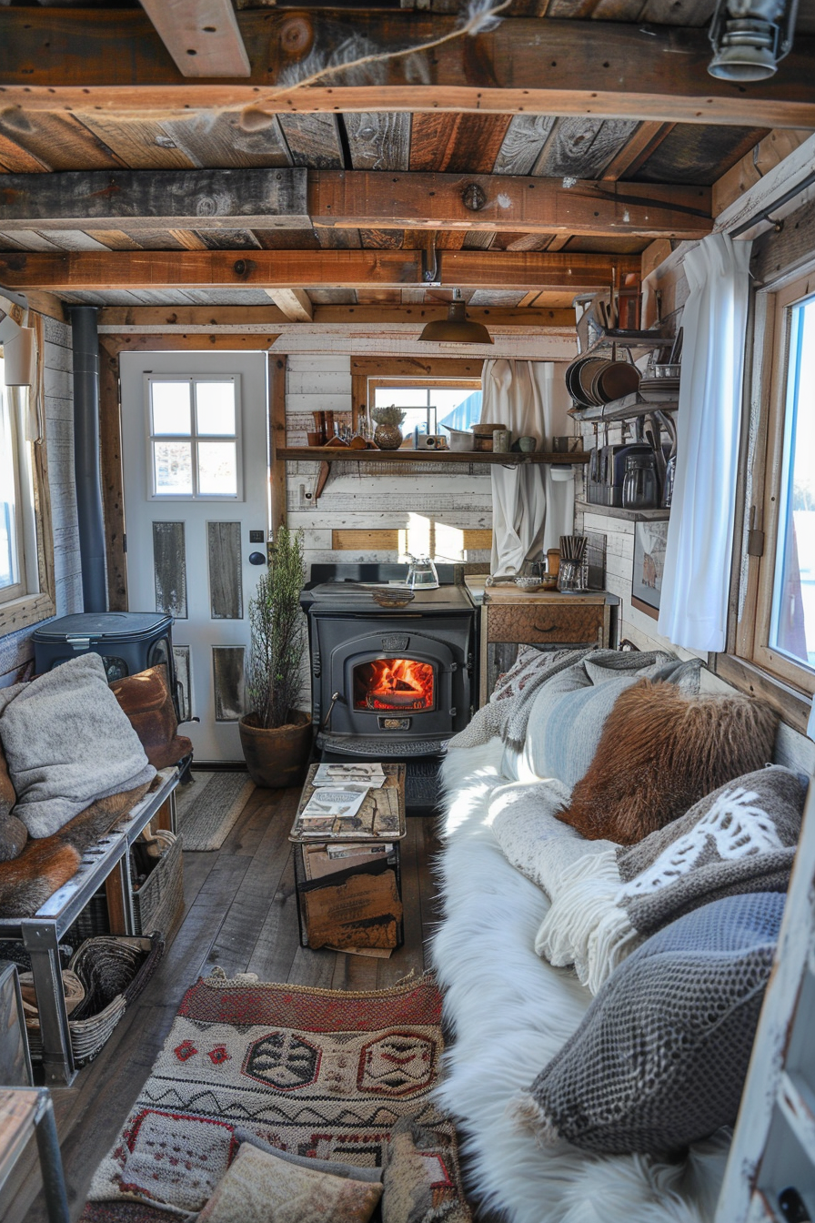 Tiny house living room. Rustic fireplace and fuzzy white blankets.