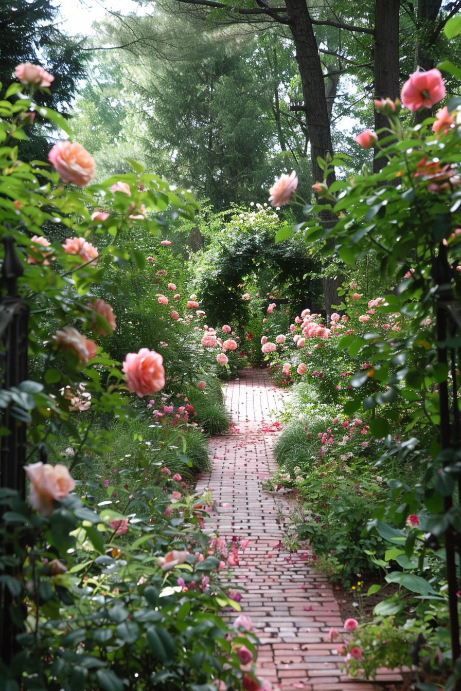 Beautiful backyard view from deck. English rose garden with terracotta brick pathway.