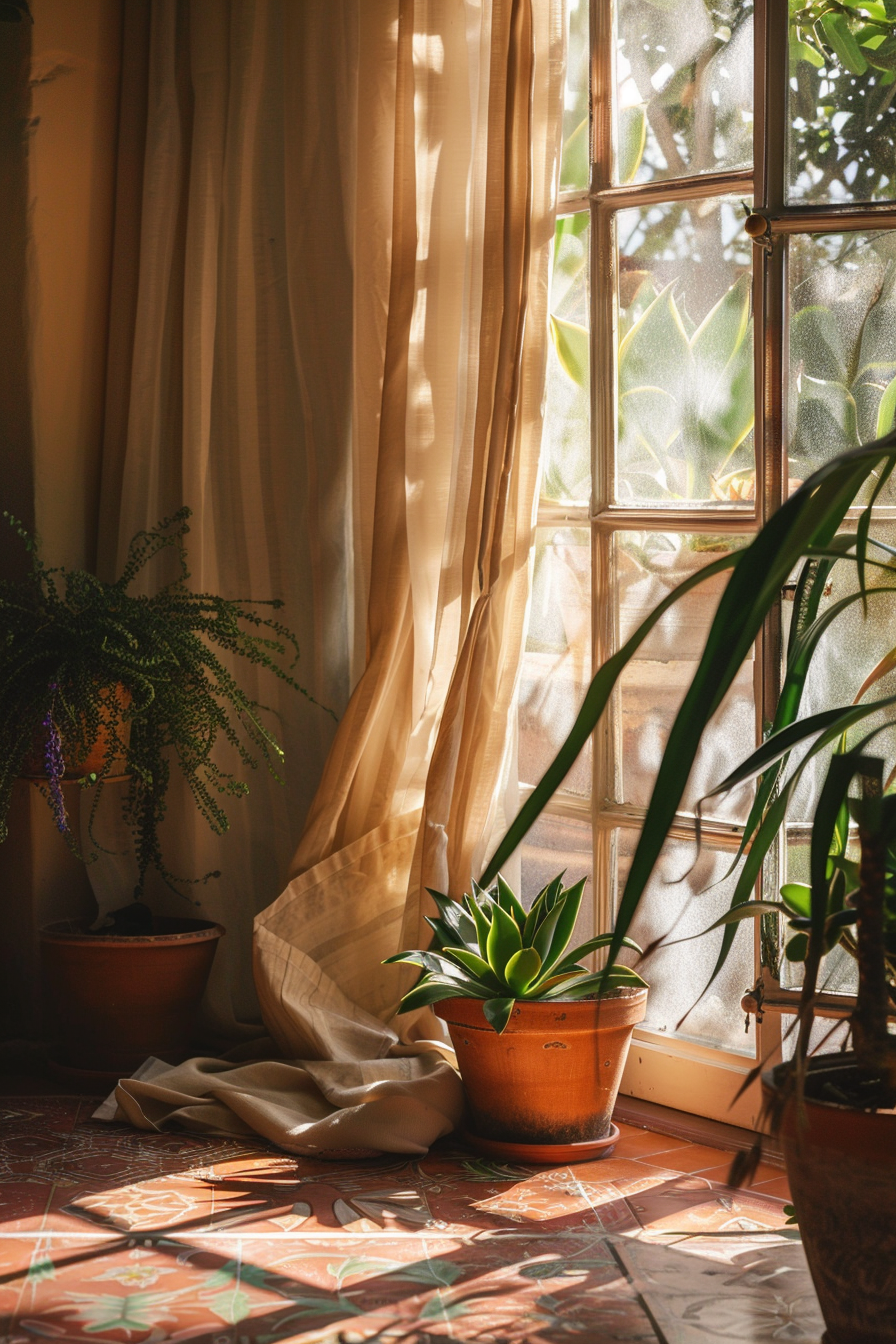 Hotel room. Warm terracotta tiles, flowing beige curtains, potted succulents, abundant sunlight.