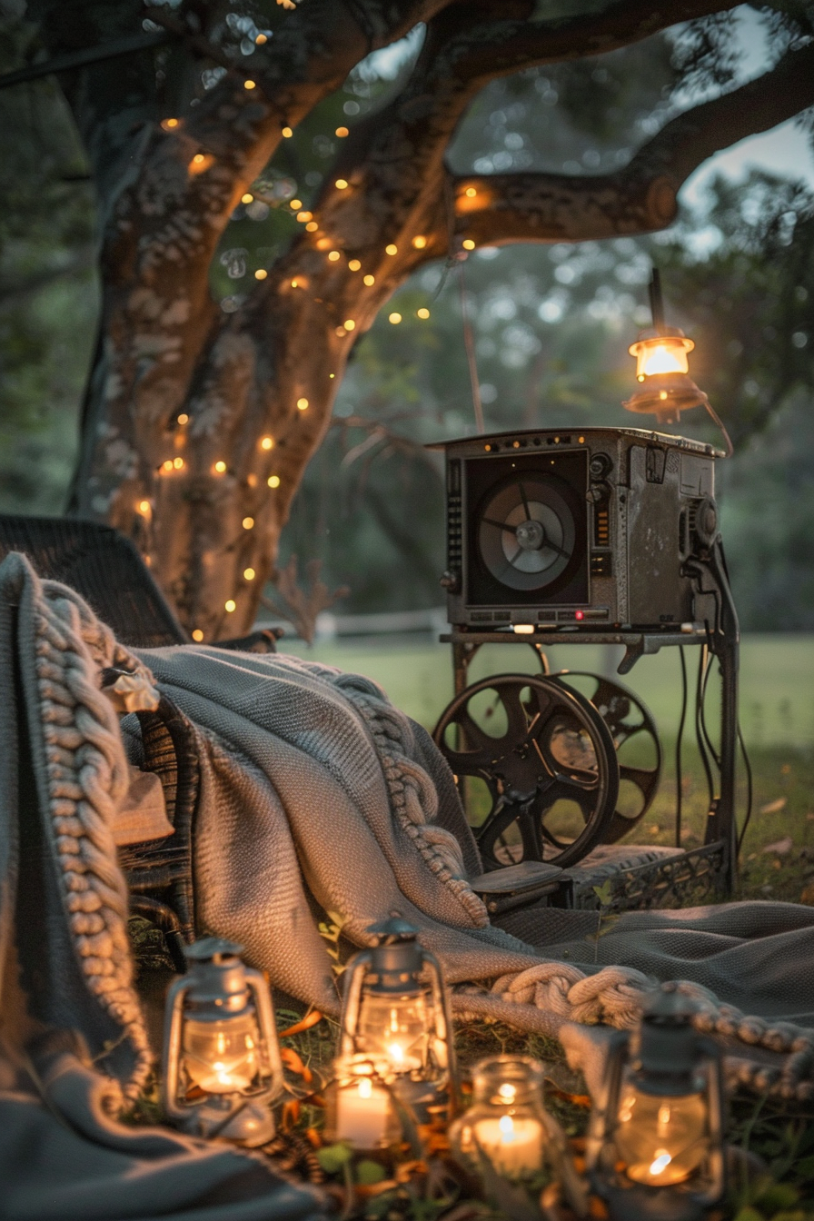 Backyard movie night. Braided wool blankets, vintage projector, lanterns.